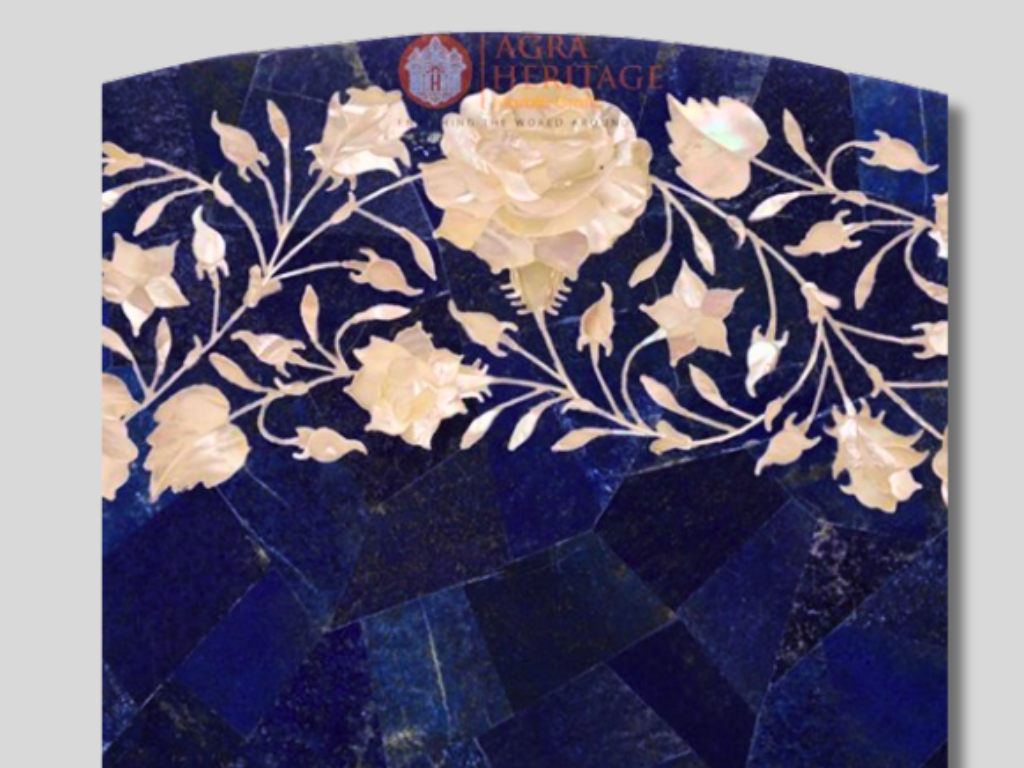 White Marble Dining Table Top Lapis Lazuli Mother of Pearl Art